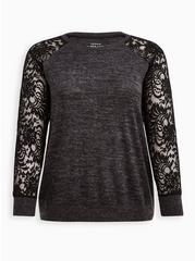 Super Soft Plush Lace Sleeve Raglan Sweatshirt, DEEP BLACK, hi-res