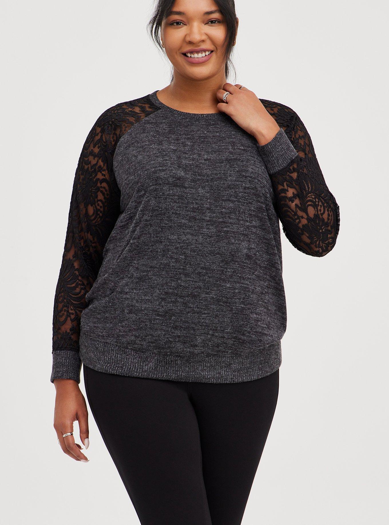 Super Soft Plush Lace Sleeve Raglan Sweatshirt