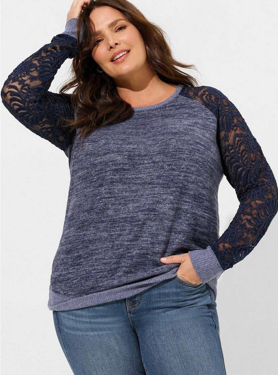 Plus Size - Super Soft Plush Lace Sleeve Raglan Sweatshirt - Torrid