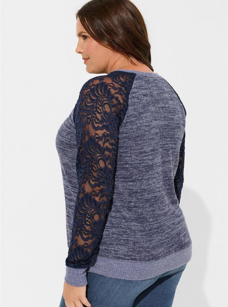 Plus Size - Super Soft Plush Lace Sleeve Raglan Sweatshirt - Torrid