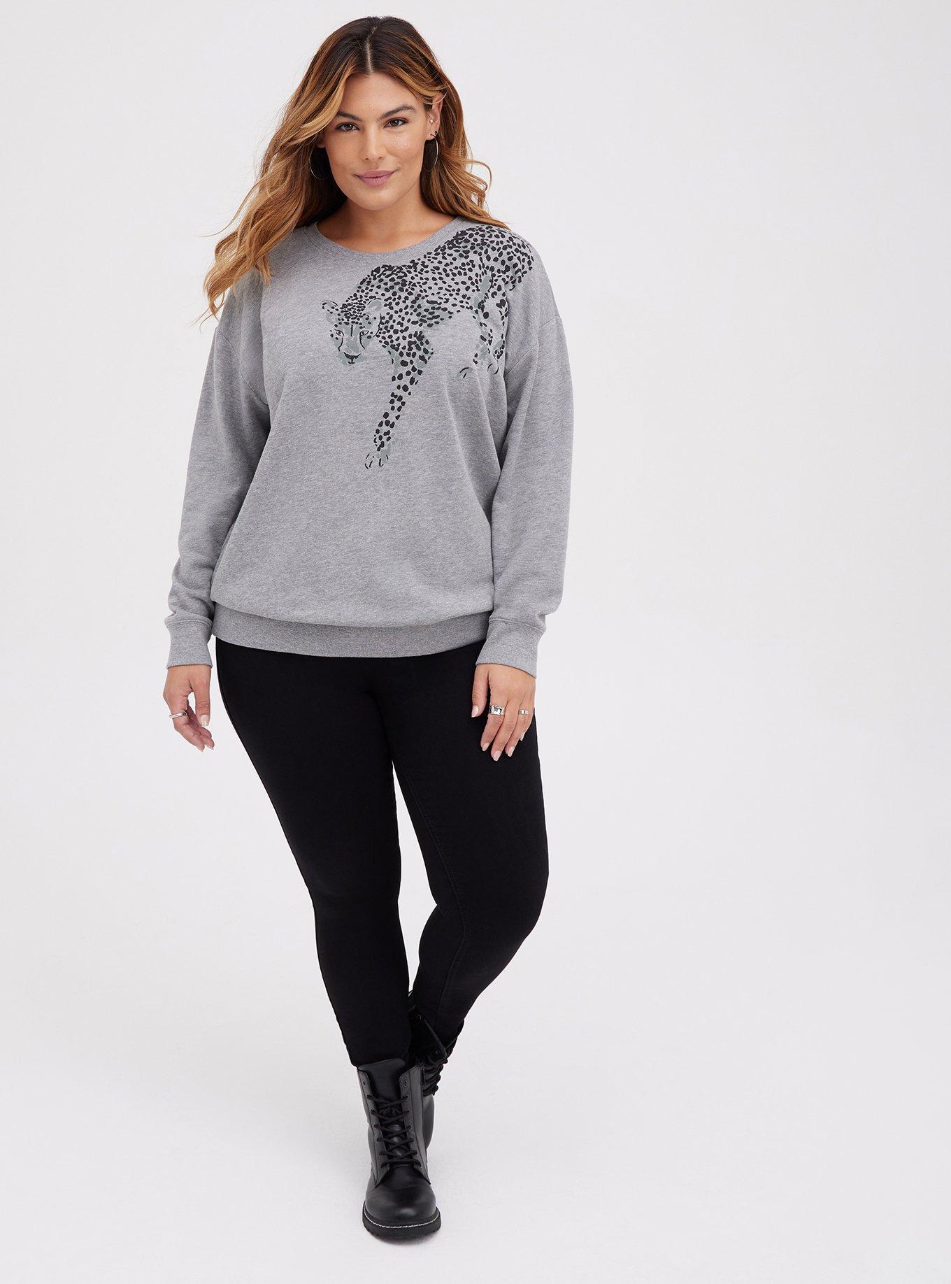 Drop Shoulder Sweatshirt - Cozy Fleece Leopard Grey, MEDIUM HEATHER GREY, alternate