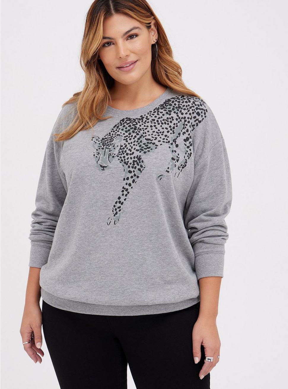 Drop Shoulder Sweatshirt - Cozy Fleece Leopard Grey, MEDIUM HEATHER GREY, hi-res
