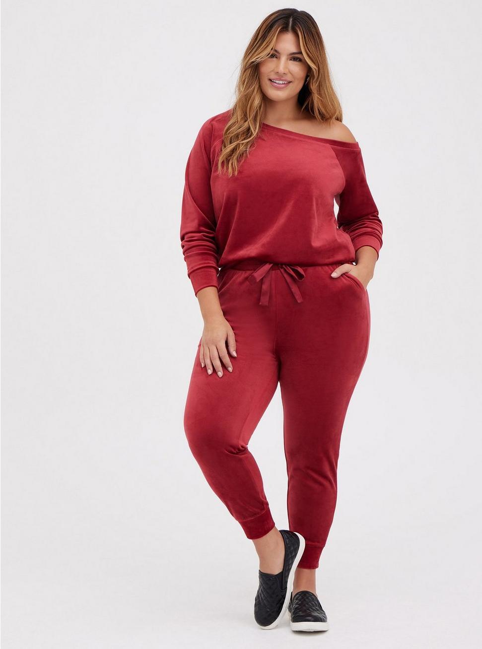 Velour Long Sleeve Off-Shoulder Lounge Sweatshirt, RED, alternate