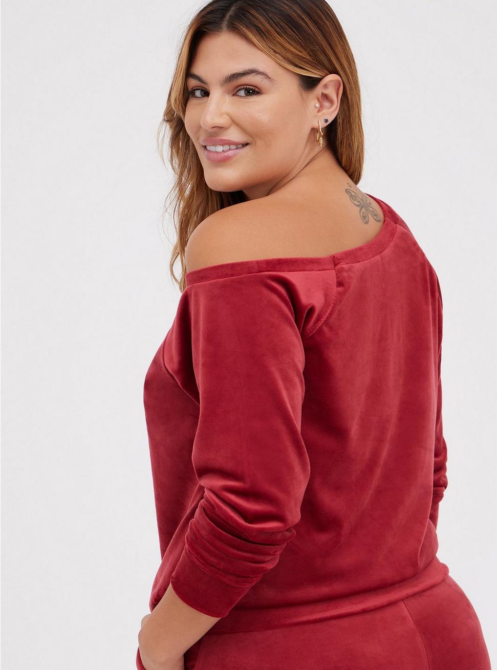 Velour Long Sleeve Off-Shoulder Lounge Sweatshirt, RED, alternate