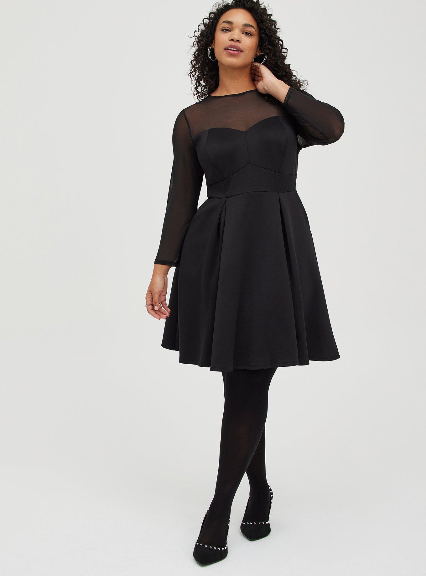 Plus Size Mini Scuba Illusion Neck Dress, DEEP BLACK, hi-res