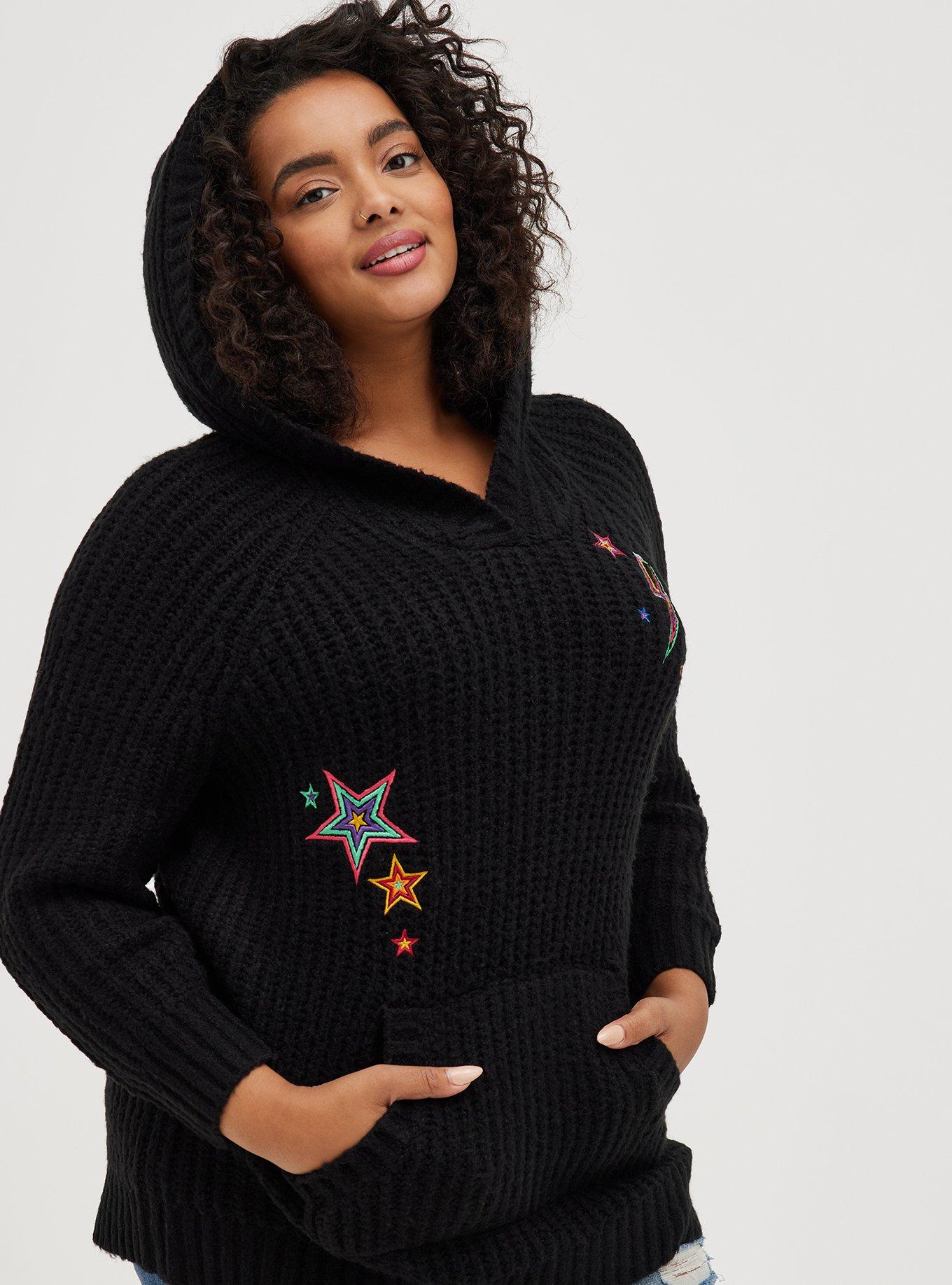 Plus Size - Raglan Hoodie Sweater - Embroidered Star Black - Torrid