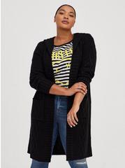 Plus Size Cable Coatigan Hooded Open Front Sweater, BLACK, hi-res