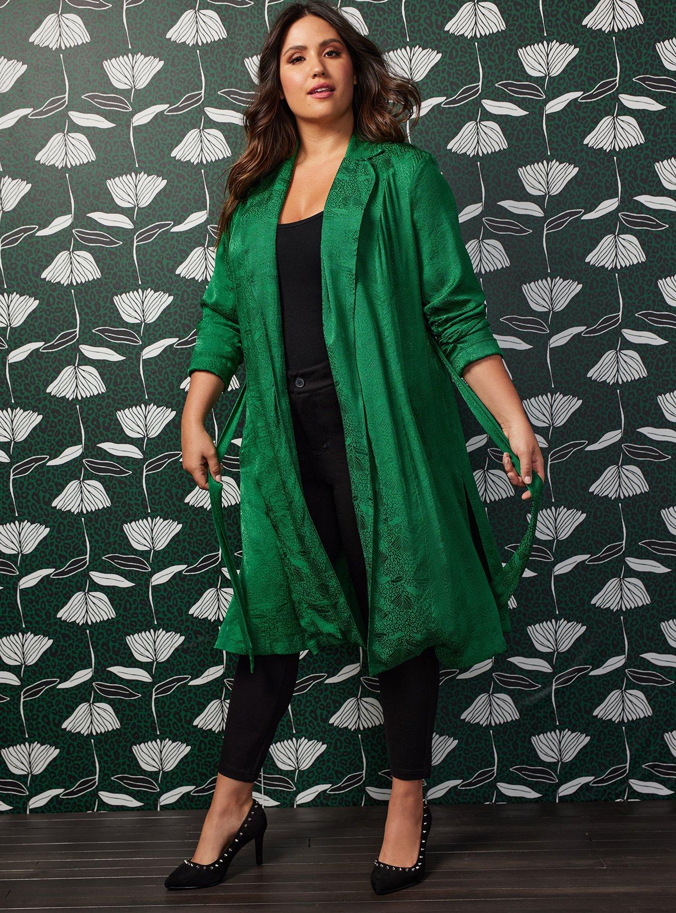 Sylvia Mollie Trench Coat - Satin Jacquard Green, GREEN, alternate