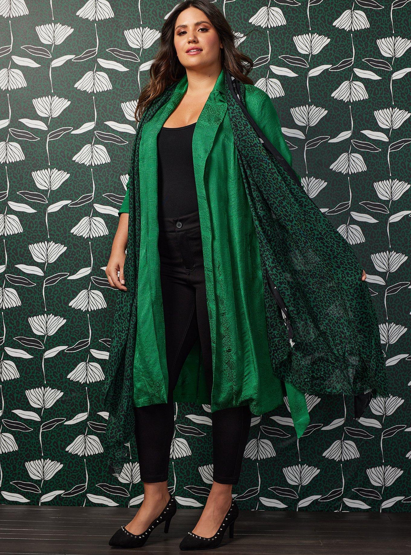 Plus Size - Sylvia Mollie Trench Coat - Satin Jacquard Green - Torrid