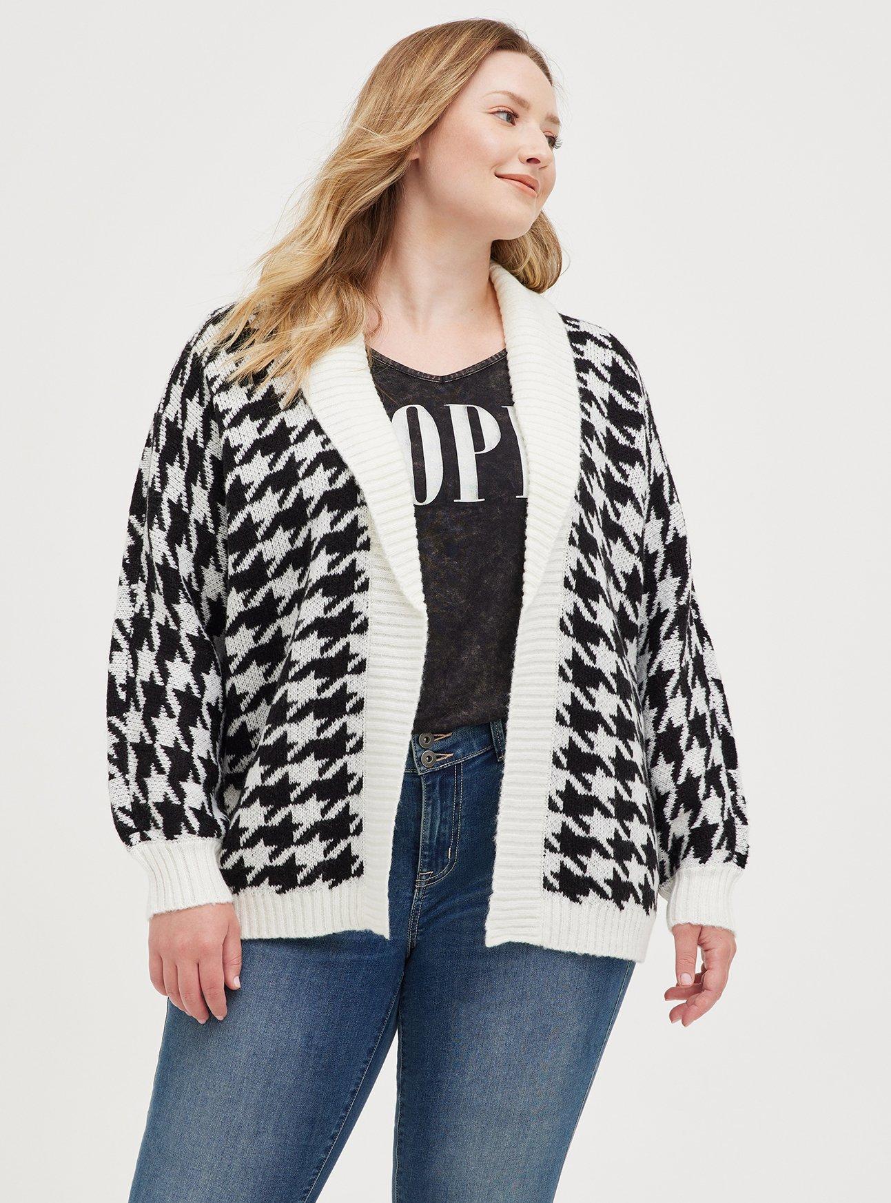 Plus Size Shawl Cardigan - Houndstooth Black & White, MULTI, hi-res