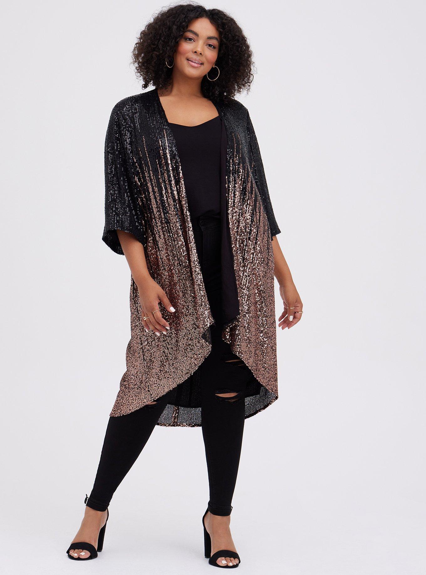 Plus Size - Hi-Lo Ombre Kimono - Sequin Black & Gold - Torrid