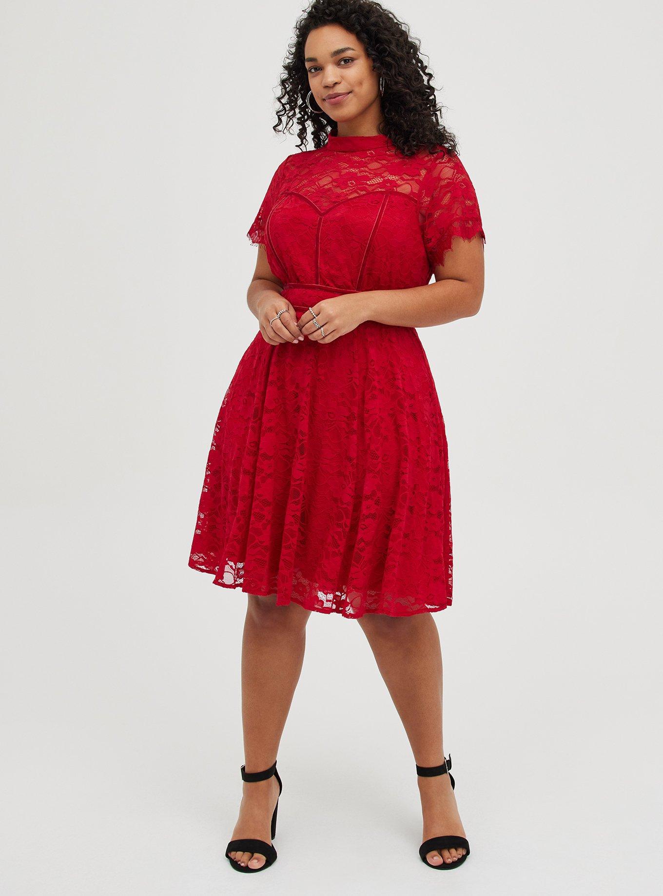 Plus Size - Mock Neck Fit & Flare Mini Dress - Lace Red - Torrid