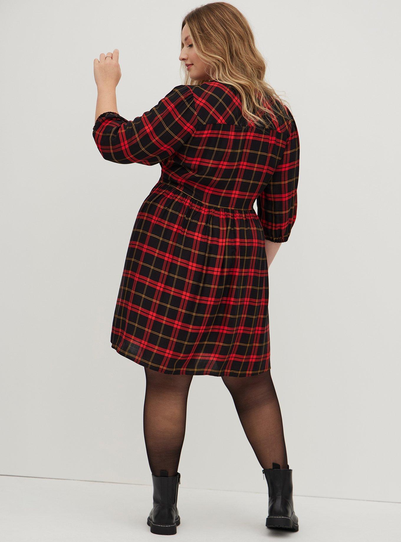 Plus Size Tunic Mini Skater Dress - Twill Black & Red Plaid, PLAID MULTI, alternate