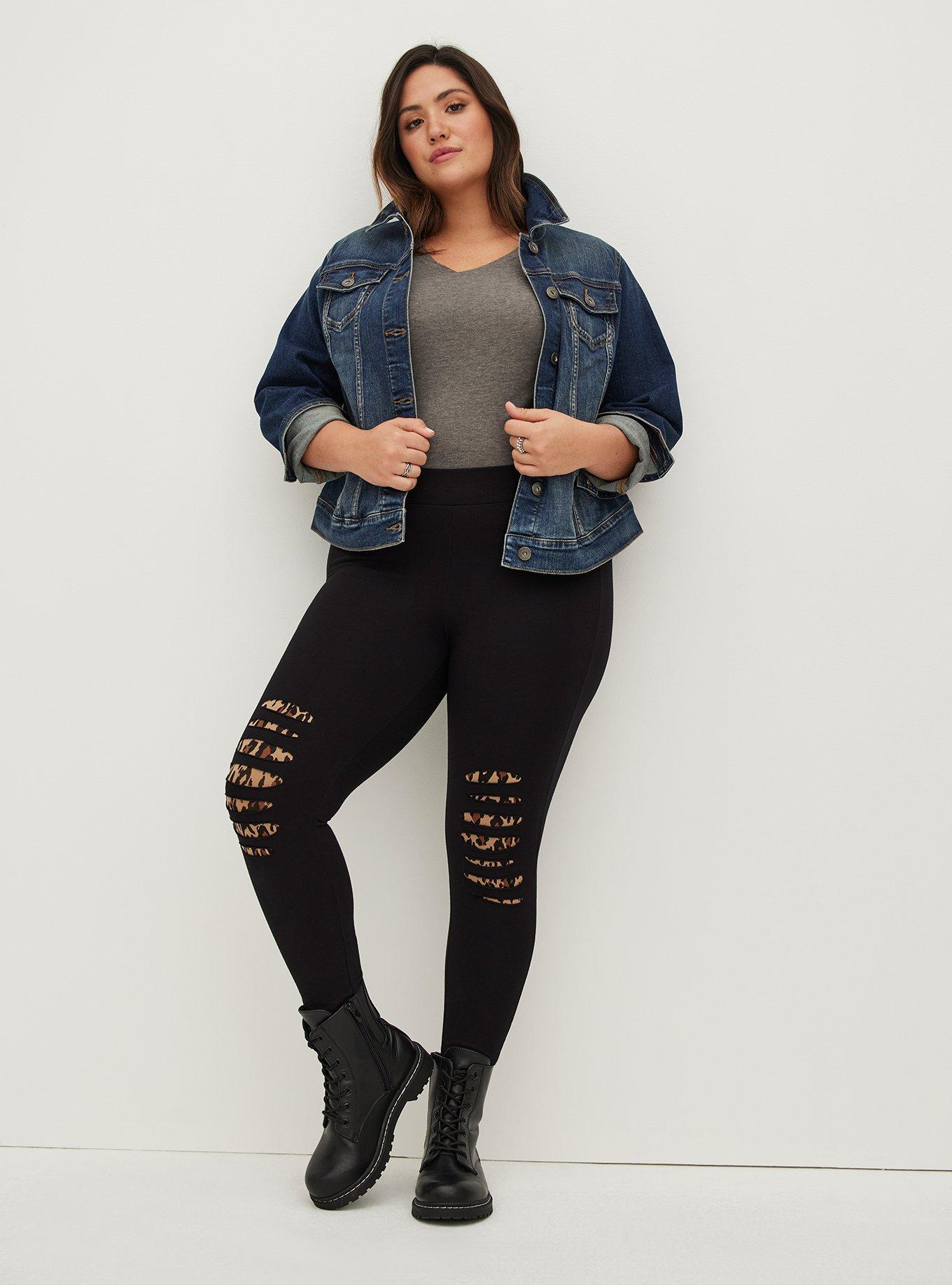 Plus Size - Premium Legging - Slashed Knee Leopard Black - Torrid