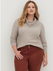 Plus Size Everyday Plush Pullover Cowl Neck Sweater, TAUPE, hi-res