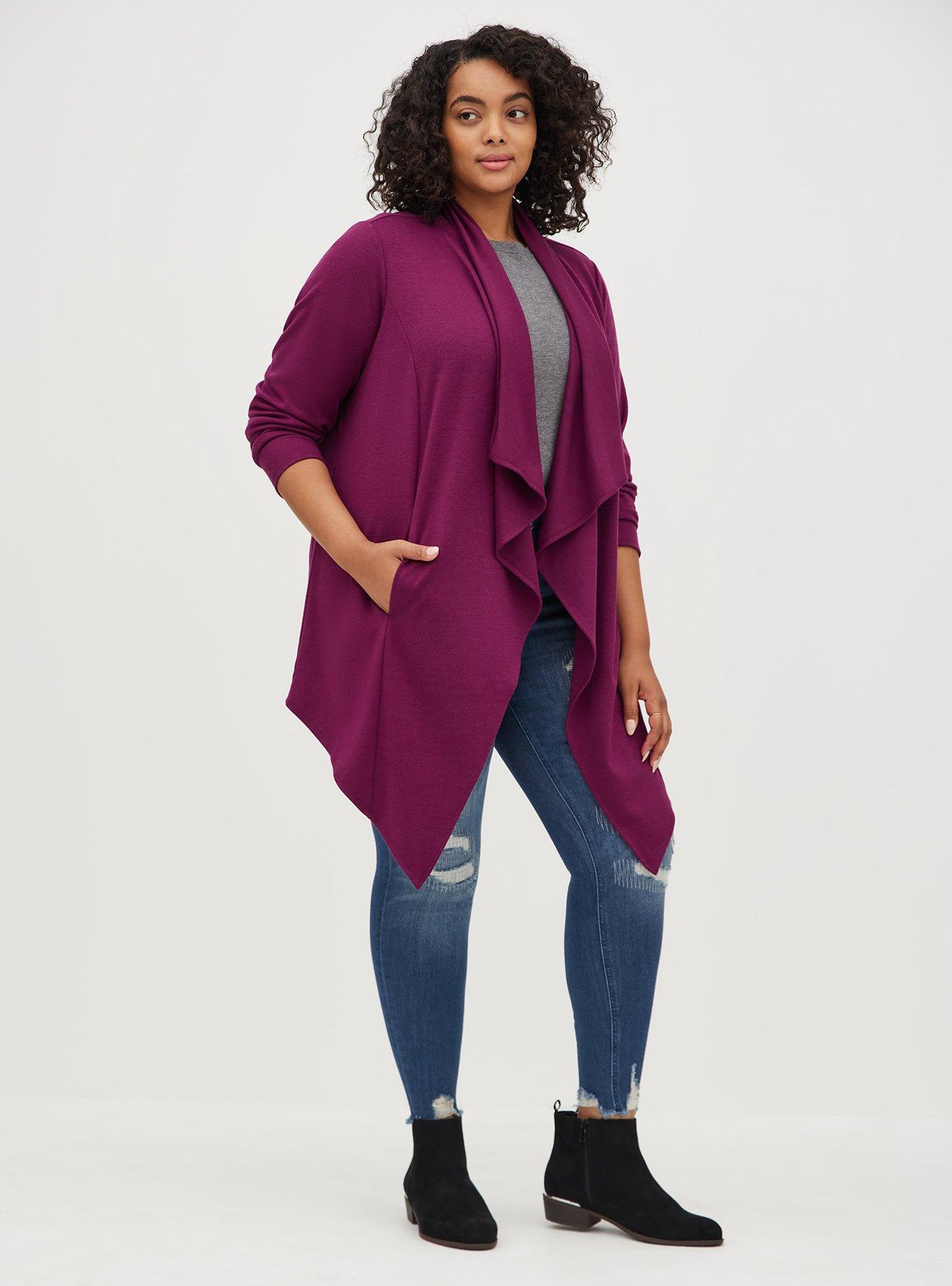 Brushed Ponte Drape Front Cardigan, PLUM, alternate