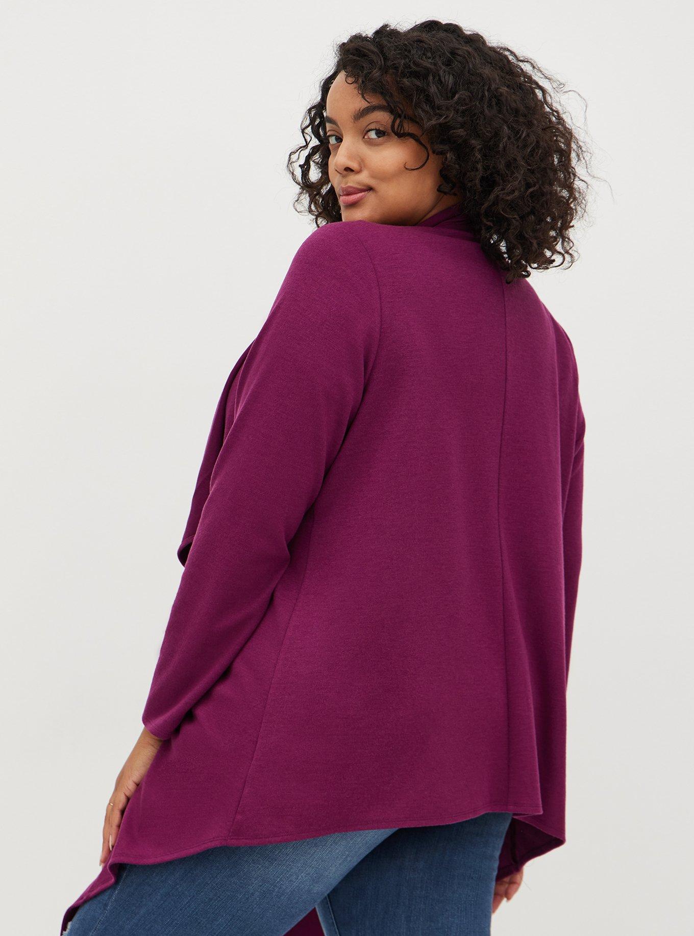 Brushed Ponte Drape Front Cardigan, PLUM, alternate