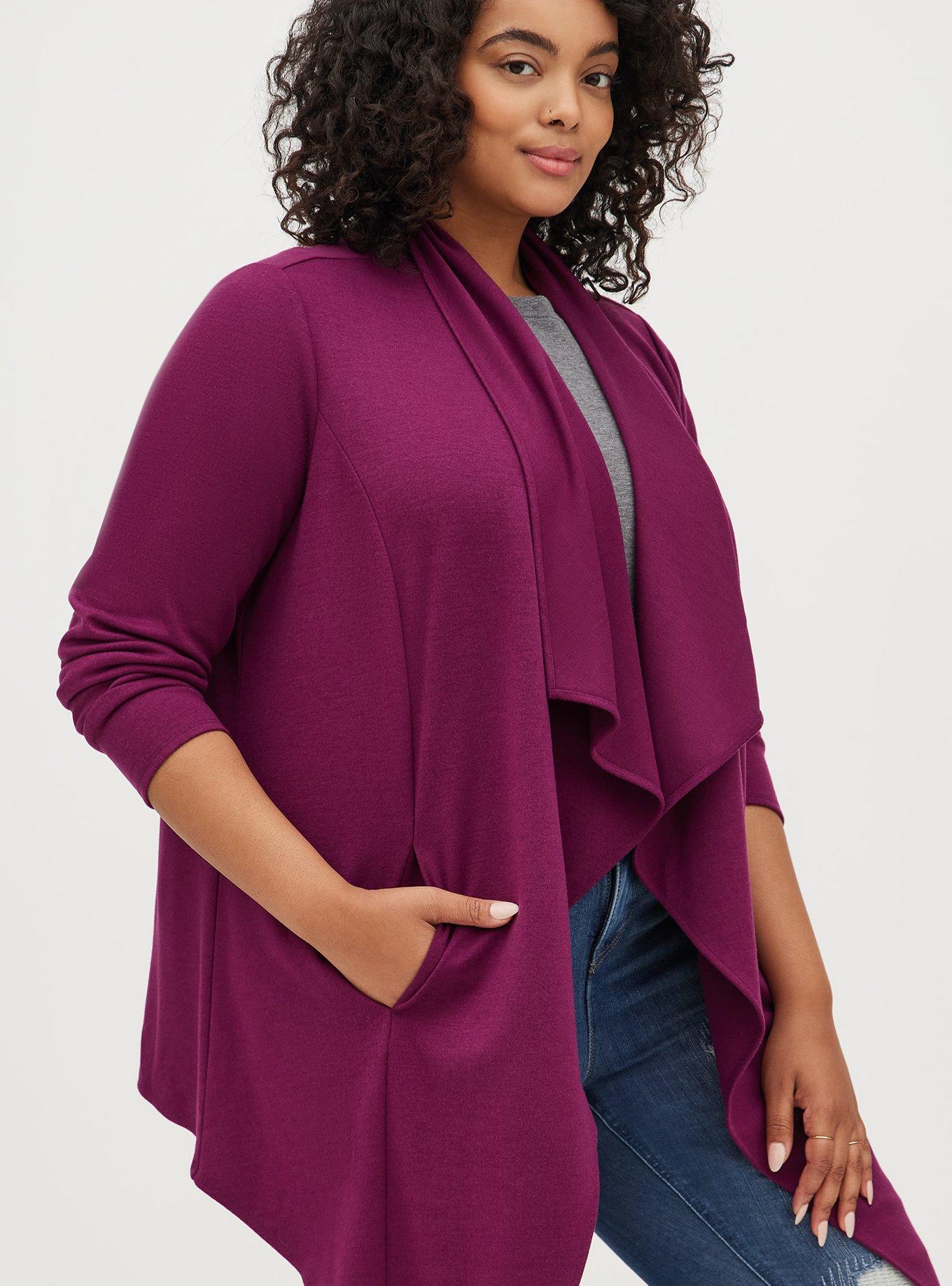 Brushed Ponte Drape Front Cardigan, PLUM, alternate