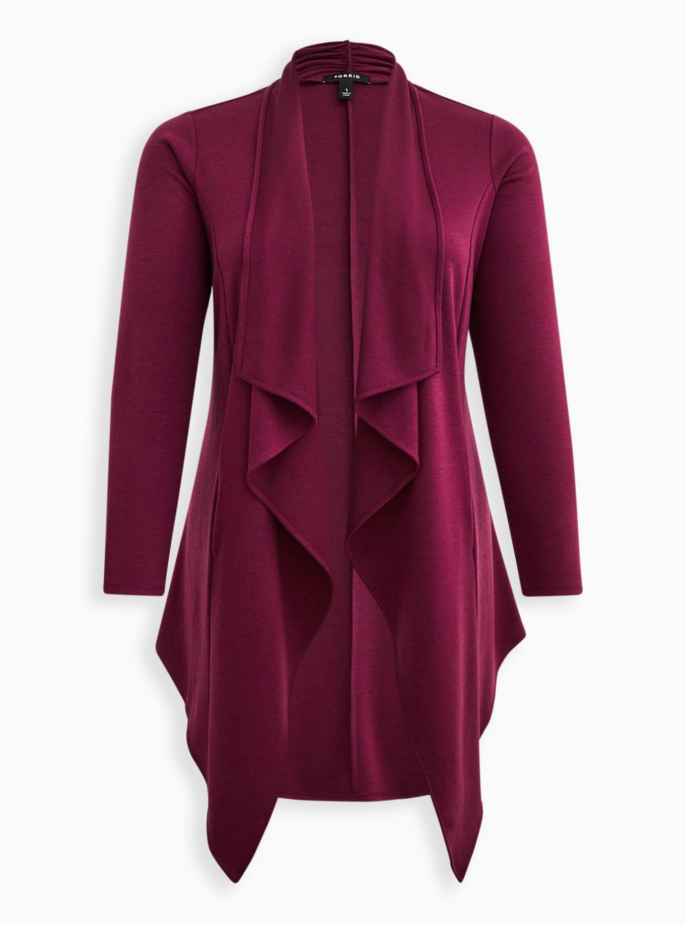 Brushed Ponte Drape Front Cardigan, PLUM, hi-res