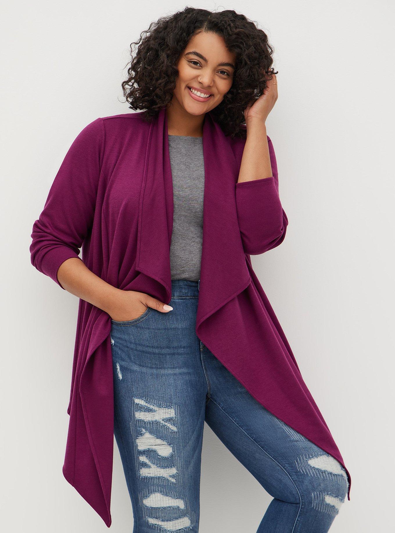 Brushed Ponte Drape Front Cardigan, PLUM, hi-res