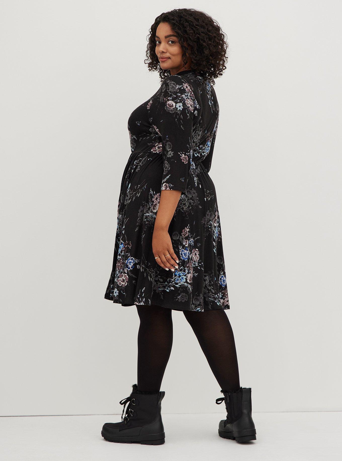 Plus Size Mock Neck Mini Skater Dress - Super Soft Black Floral, FLORAL BLACK, alternate