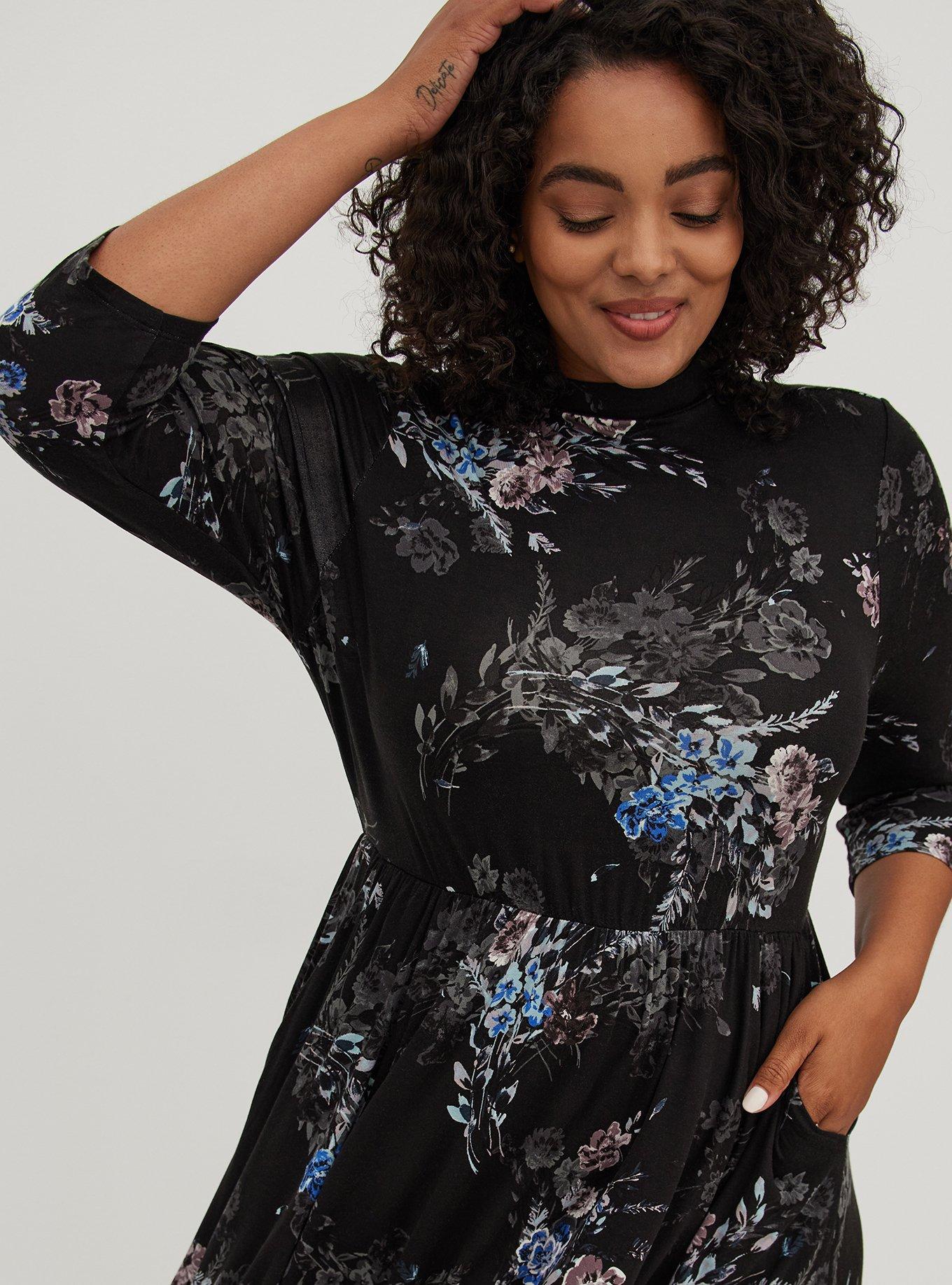 Plus Size Mock Neck Mini Skater Dress - Super Soft Black Floral, FLORAL BLACK, alternate