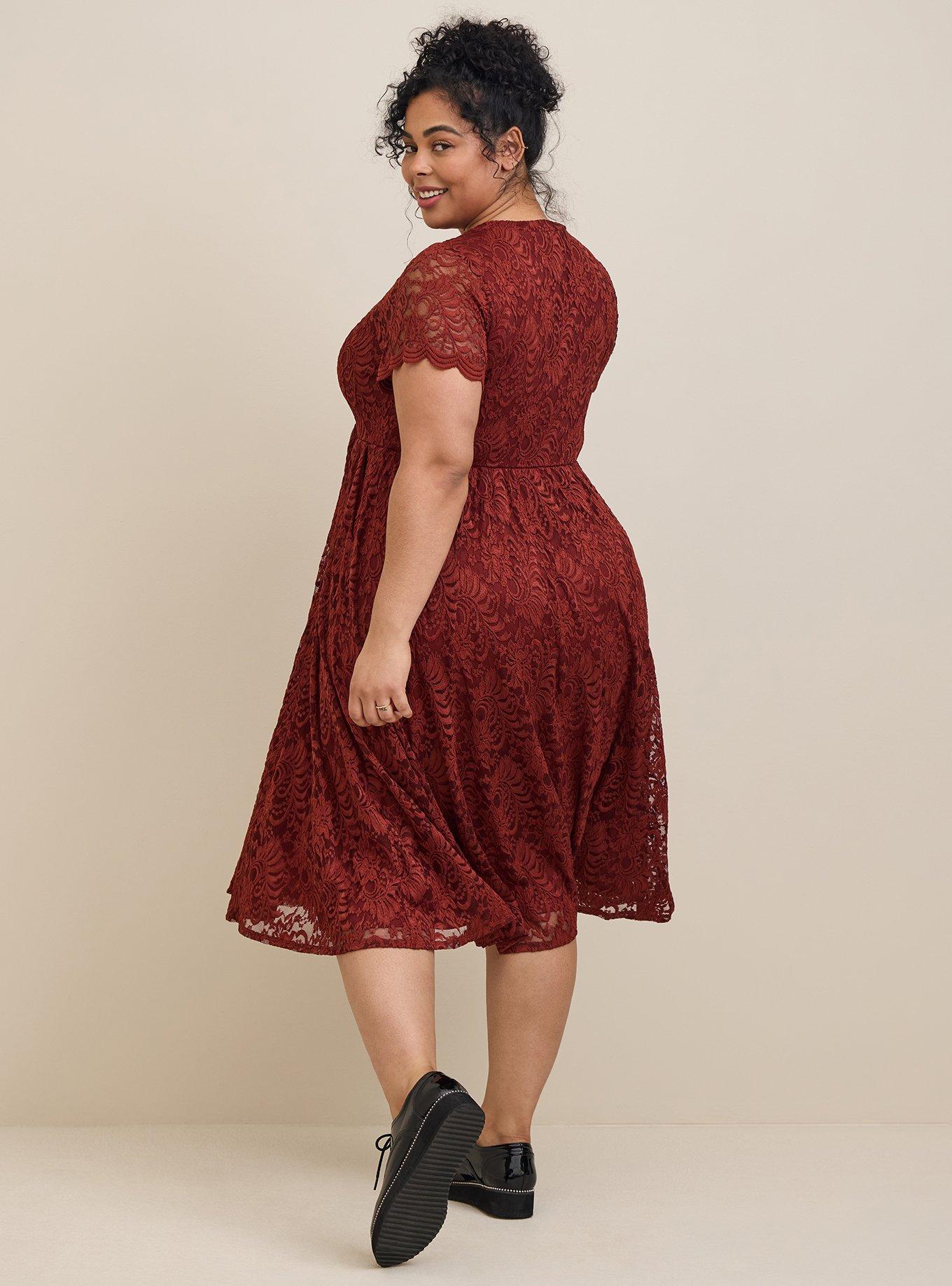 Plus Size Midi Lace Fit And Flare Dress, BRICK, alternate