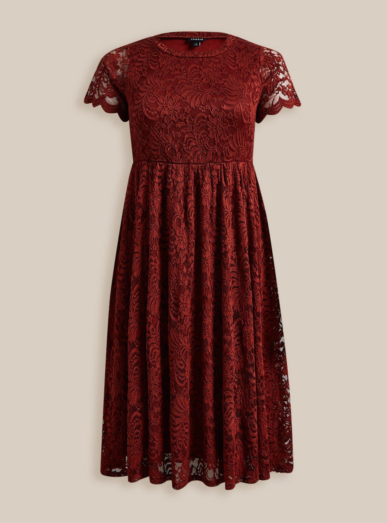 Plus Size Midi Lace Fit And Flare Dress, BRICK, hi-res