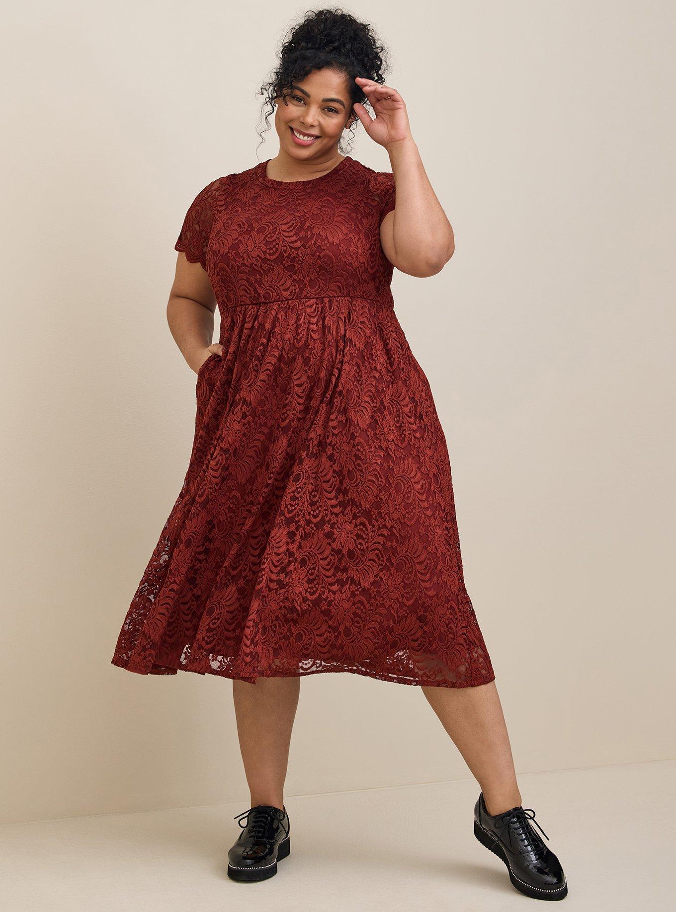 Plus Size Midi Lace Fit And Flare Dress, BRICK, hi-res