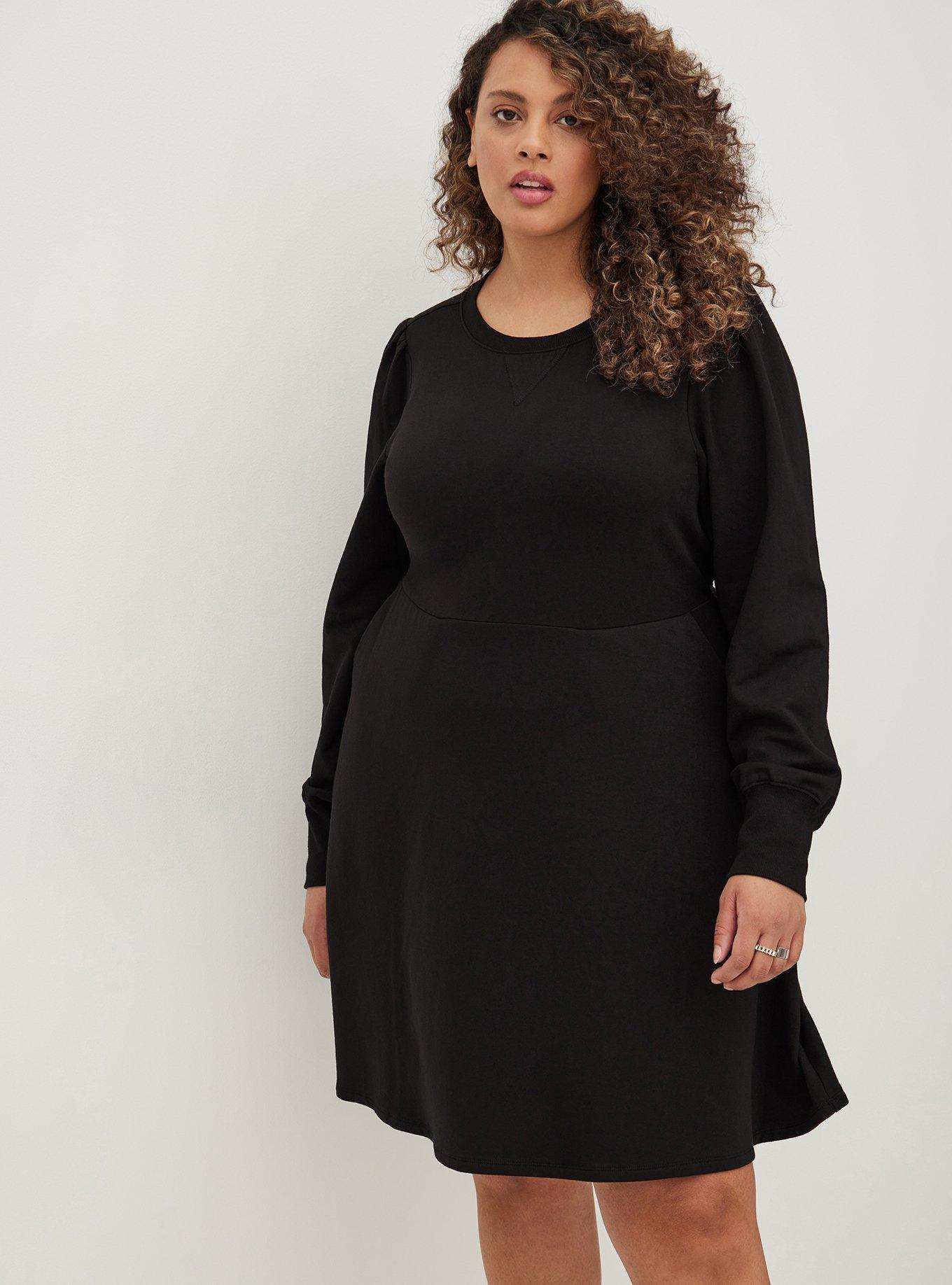 Plus Size Puff Sleeve Skater Dress - Ultra Soft Fleece Black, DEEP BLACK, alternate
