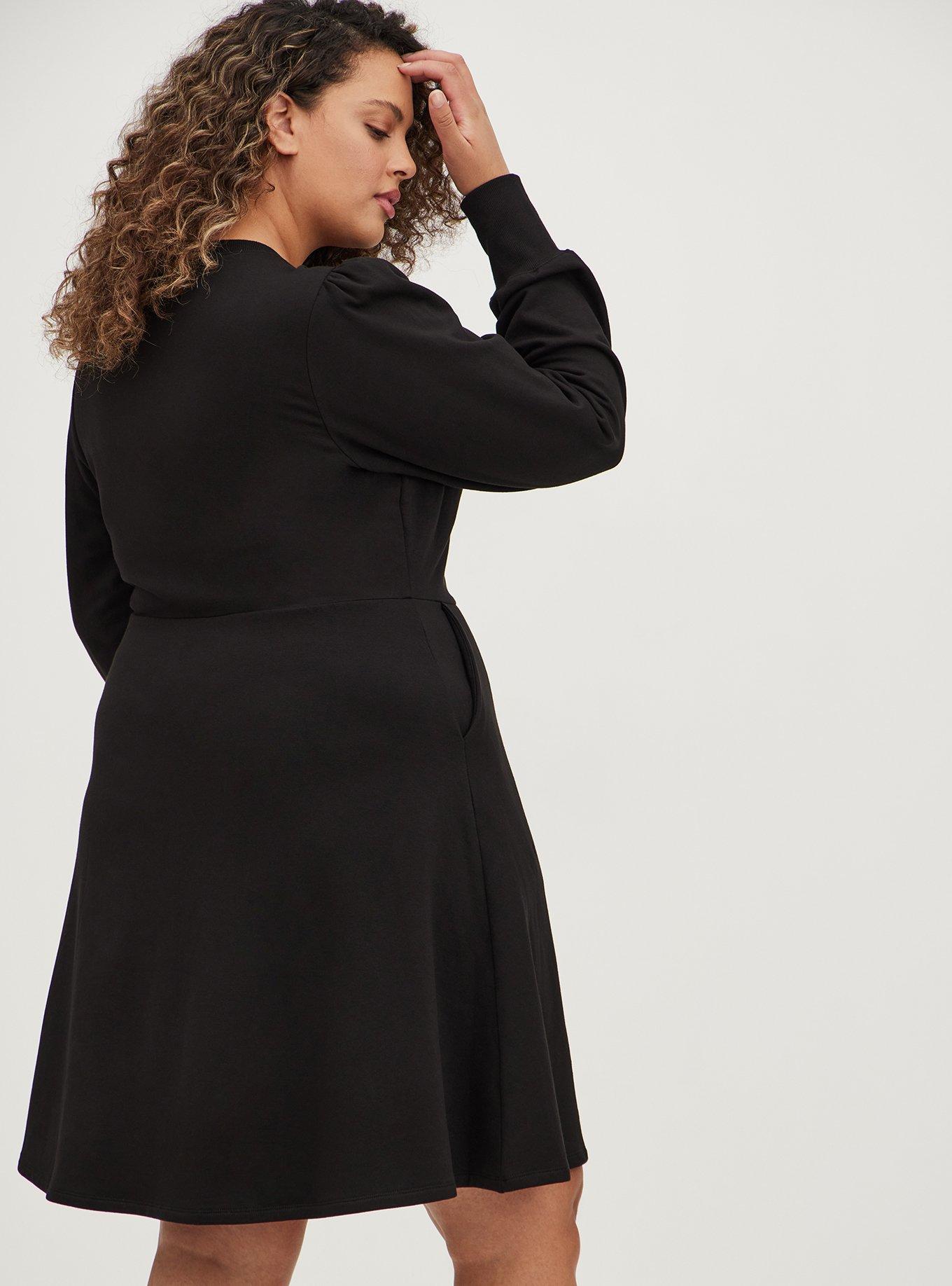 Plus Size - Puff Sleeve Skater Dress - Ultra Soft Fleece Black - Torrid