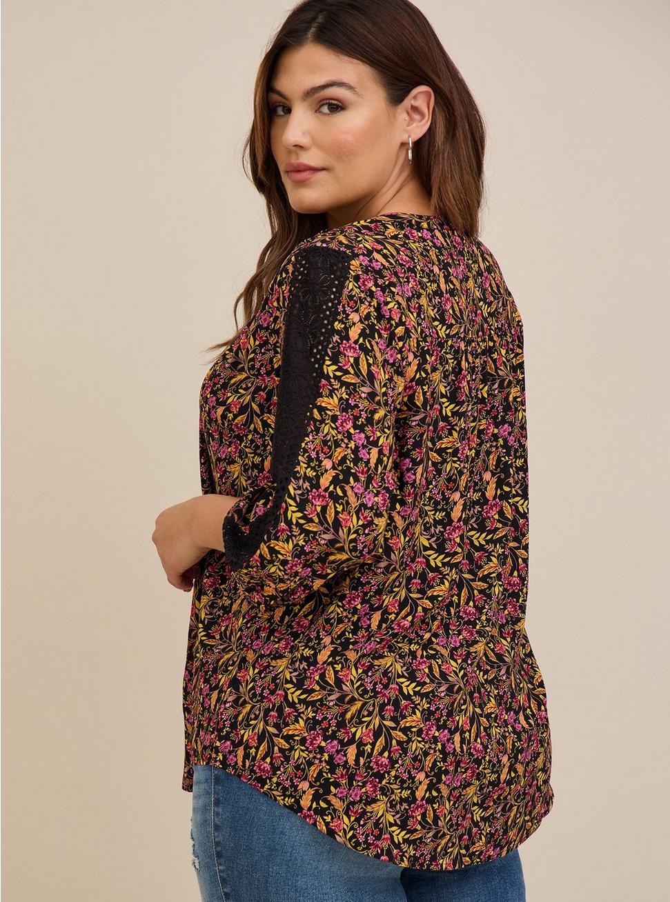 Plus Size Challis With Embroidered Sleeve Top, FLORAL BLACK, alternate