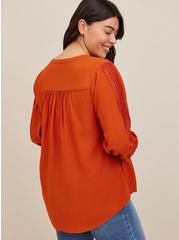 Challis With Embroidered Sleeve Top, CINNAMON STICK BROWN, alternate