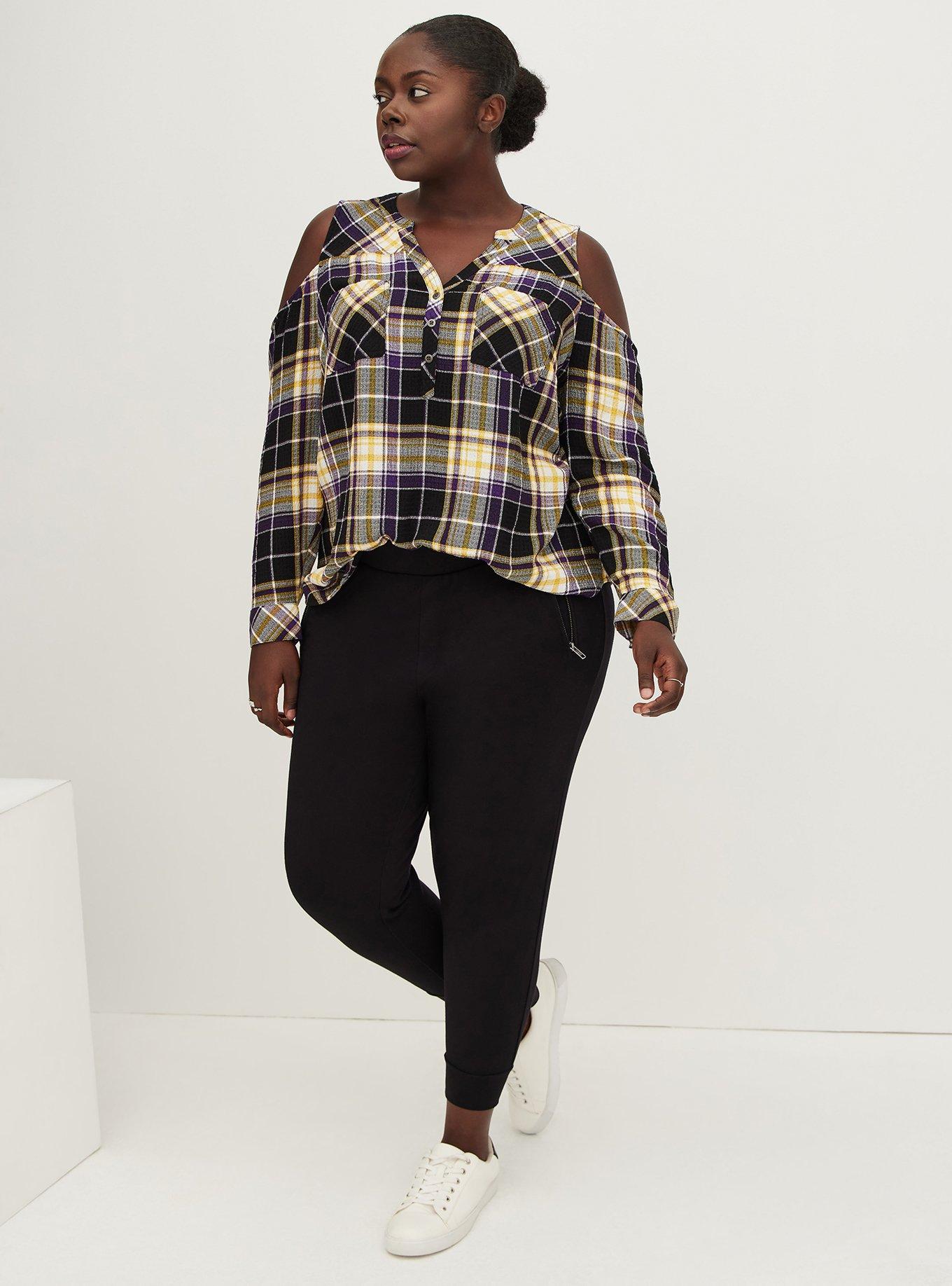 Cold shoulder plaid top online