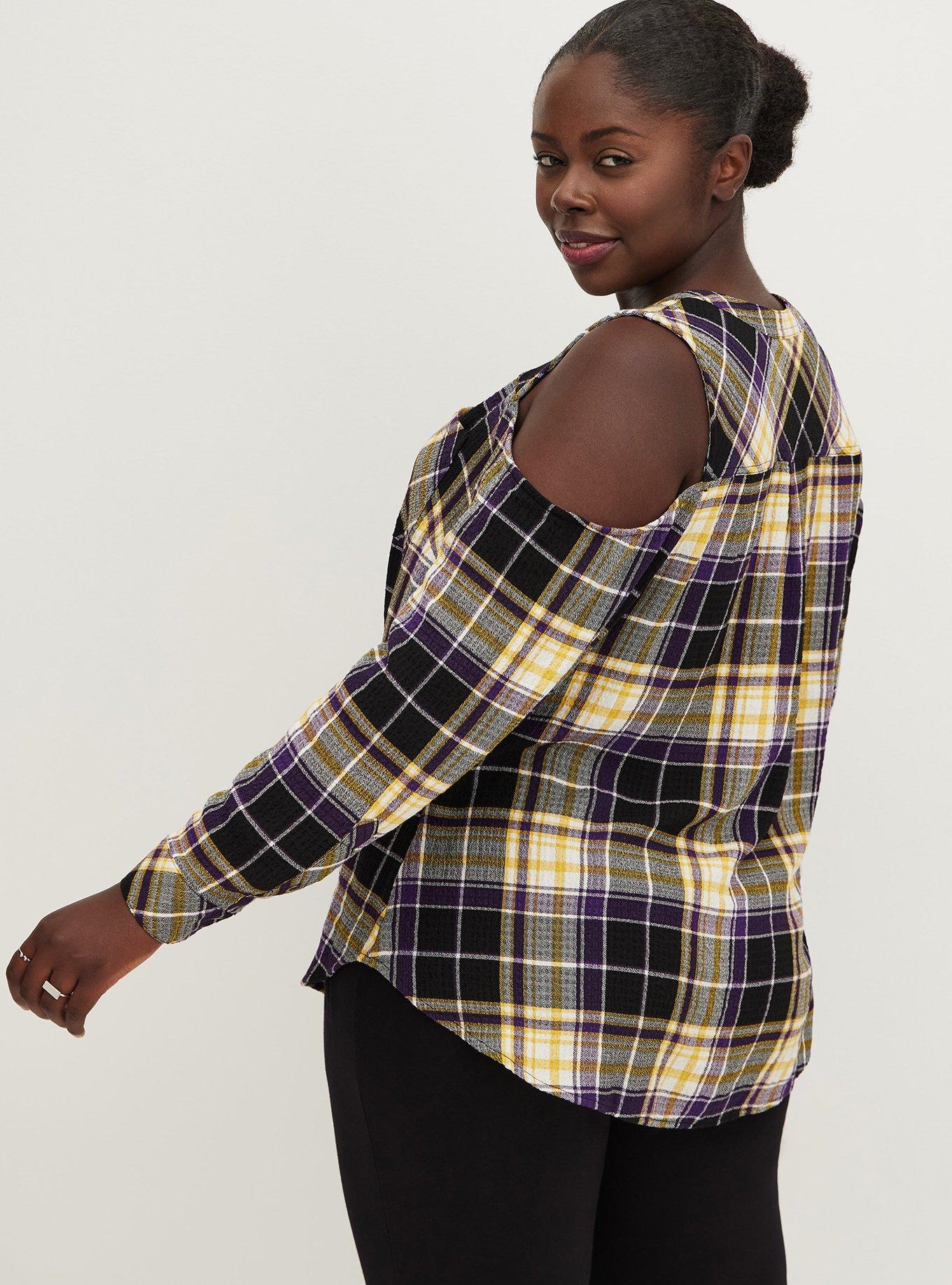 Plus Size - Harper Crinkle Flannel Gauze Cold Shoulder Long Sleeve