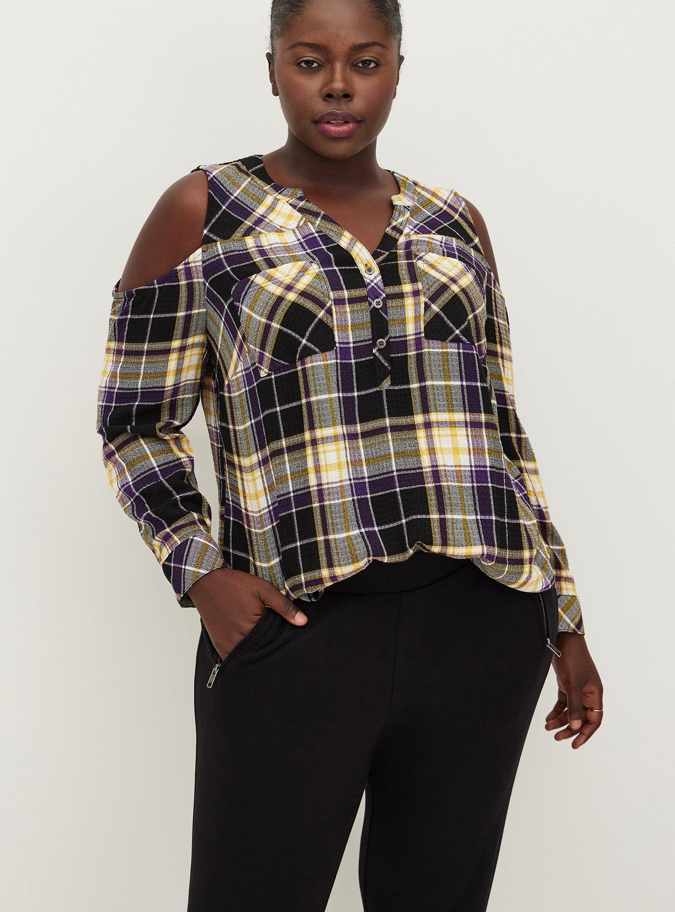 Cold shoulder flannel shirt hot sale