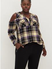 Plus Size Harper Crinkle Flannel Gauze Cold Shoulder Long Sleeve Blouse, PLAID BLACK, alternate