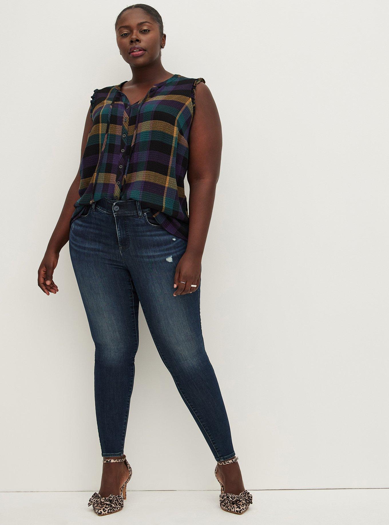 Plus Size Crinkle Flannel Gauze Ruffle Tie-Front Tank, PLAID, alternate