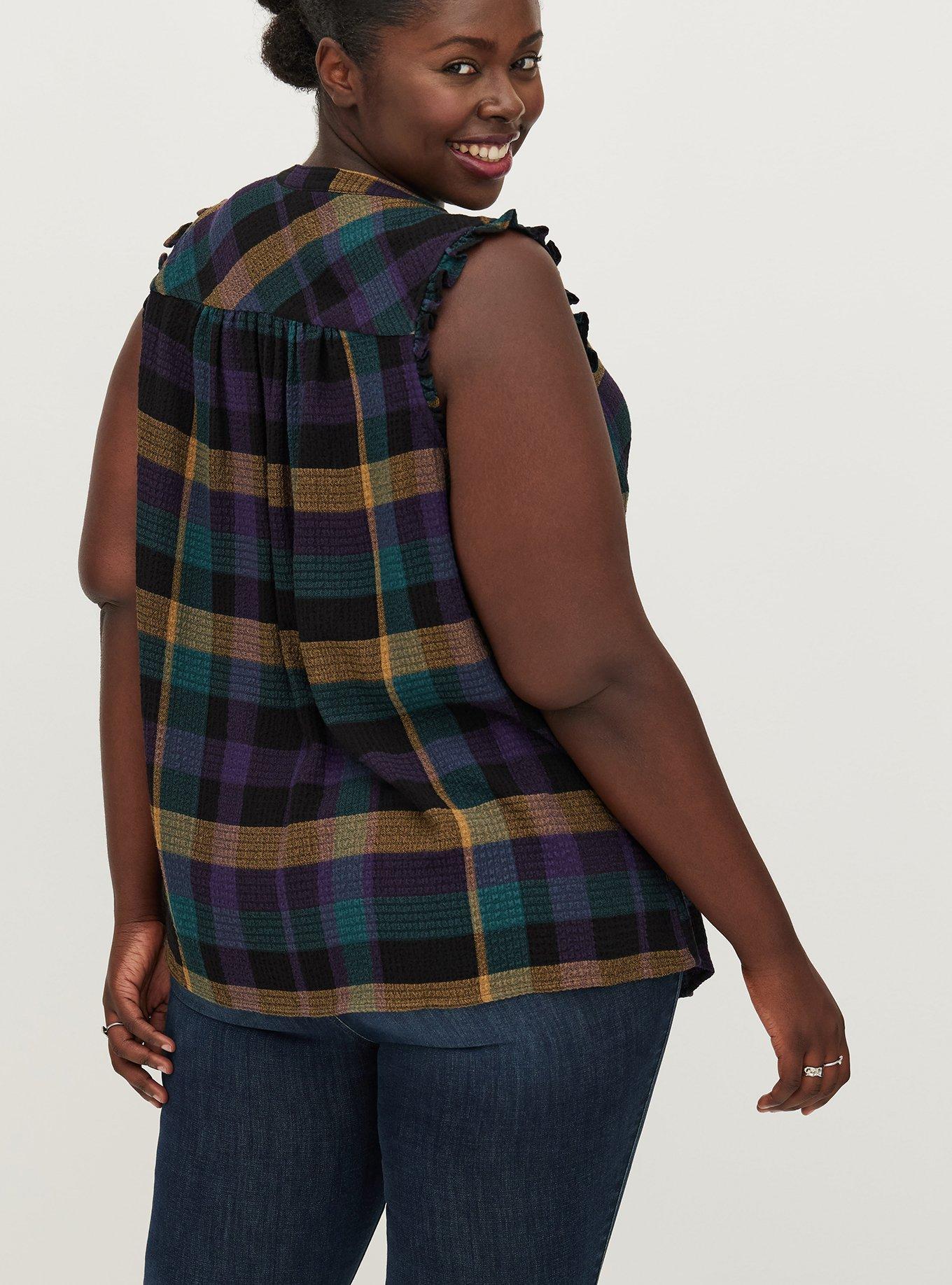 Plus Size Crinkle Flannel Gauze Ruffle Tie-Front Tank, PLAID, alternate