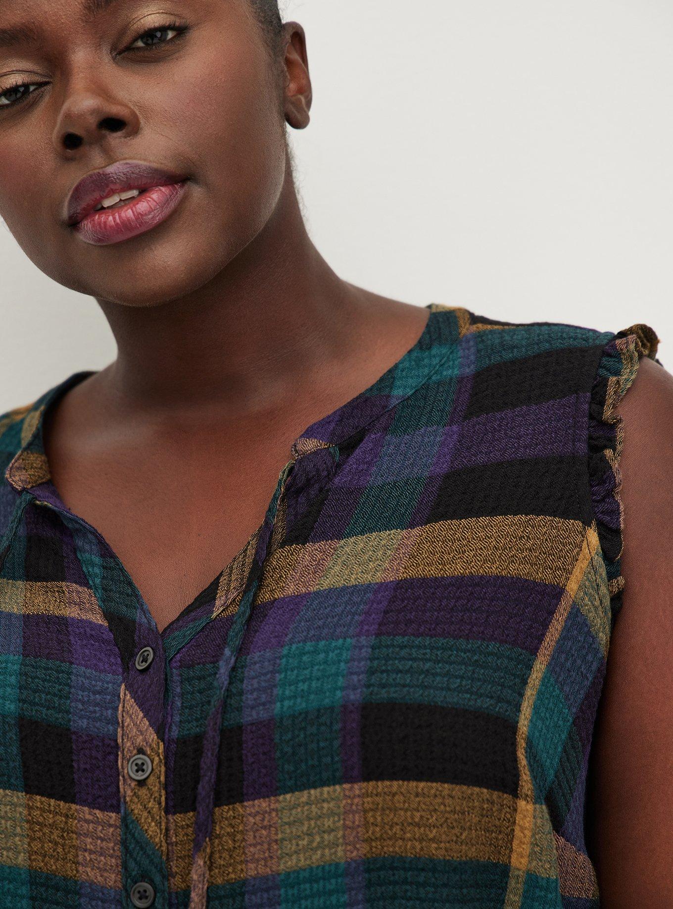 Plus Size Crinkle Flannel Gauze Ruffle Tie-Front Tank, PLAID, alternate