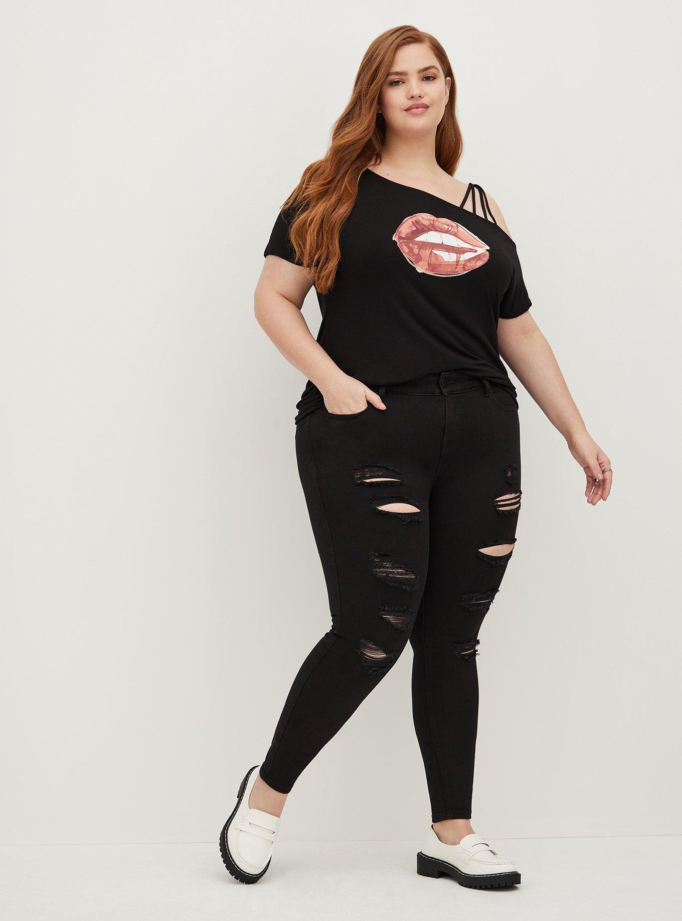 Plus Size Graphic Classic Fit Super Soft Off Shoulder Strappy Tee, LIPS BLACK, alternate