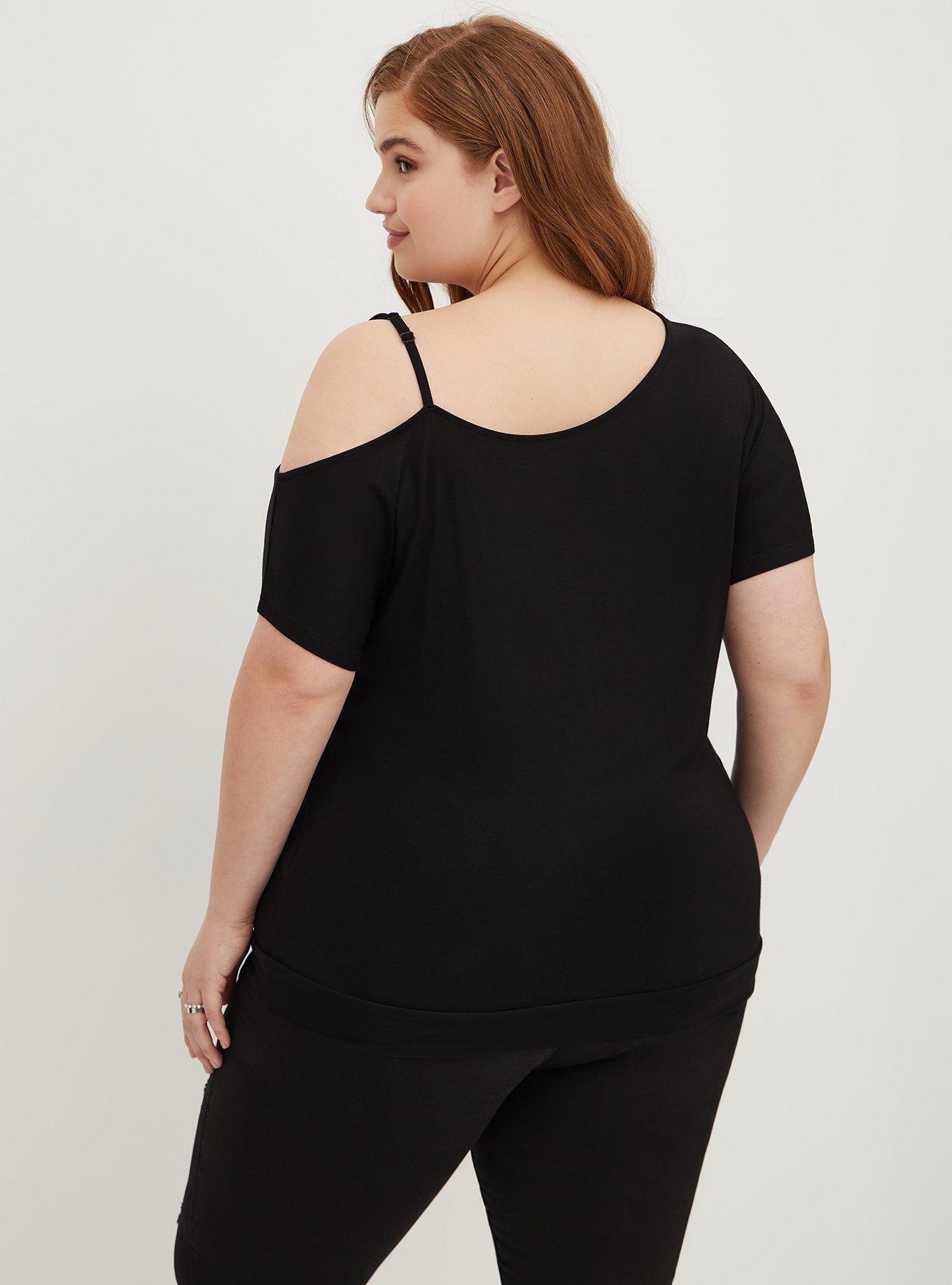 Plus Size Graphic Classic Fit Super Soft Off Shoulder Strappy Tee, LIPS BLACK, alternate