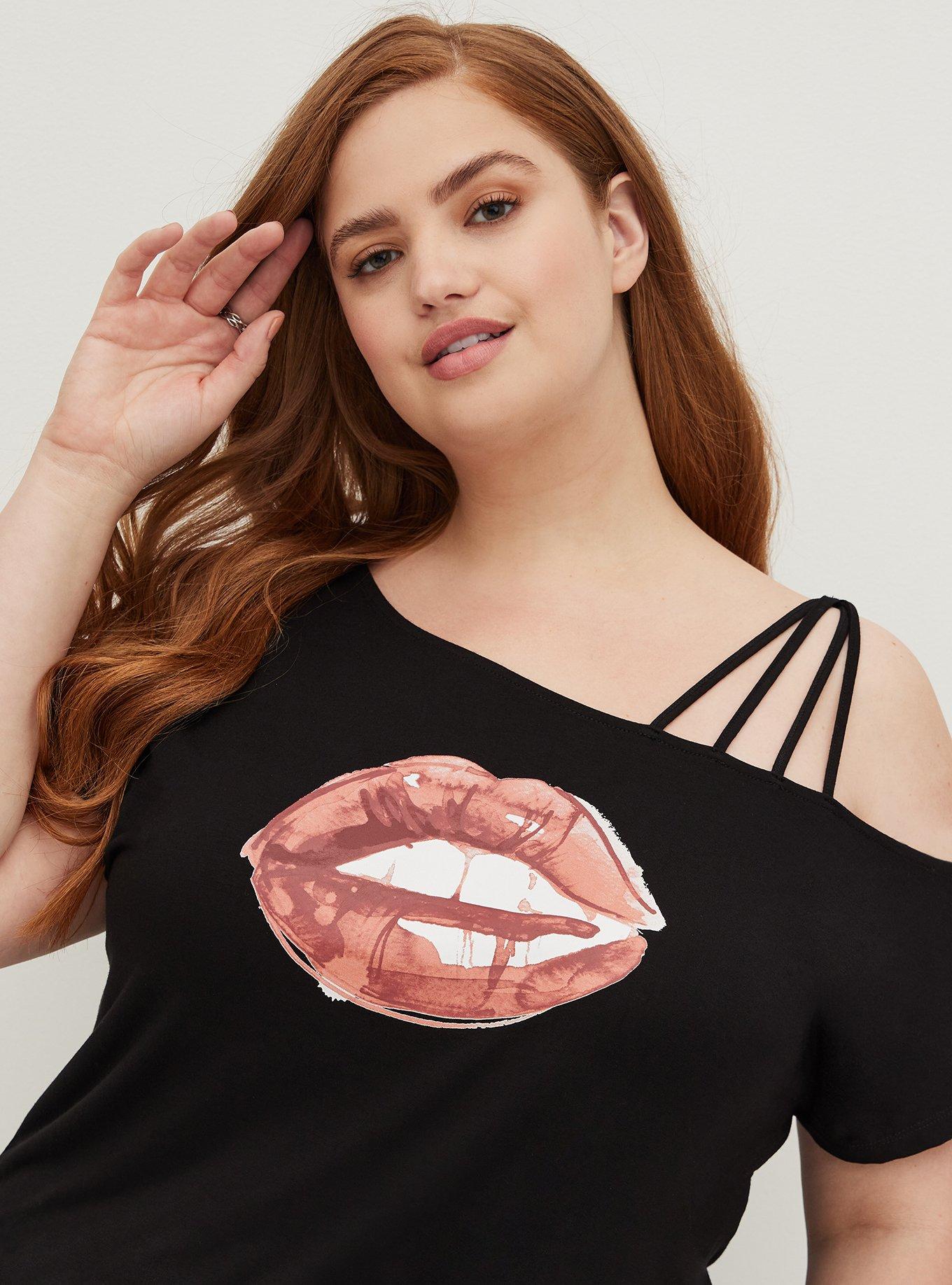 Plus Size Graphic Classic Fit Super Soft Off Shoulder Strappy Tee, LIPS BLACK, alternate
