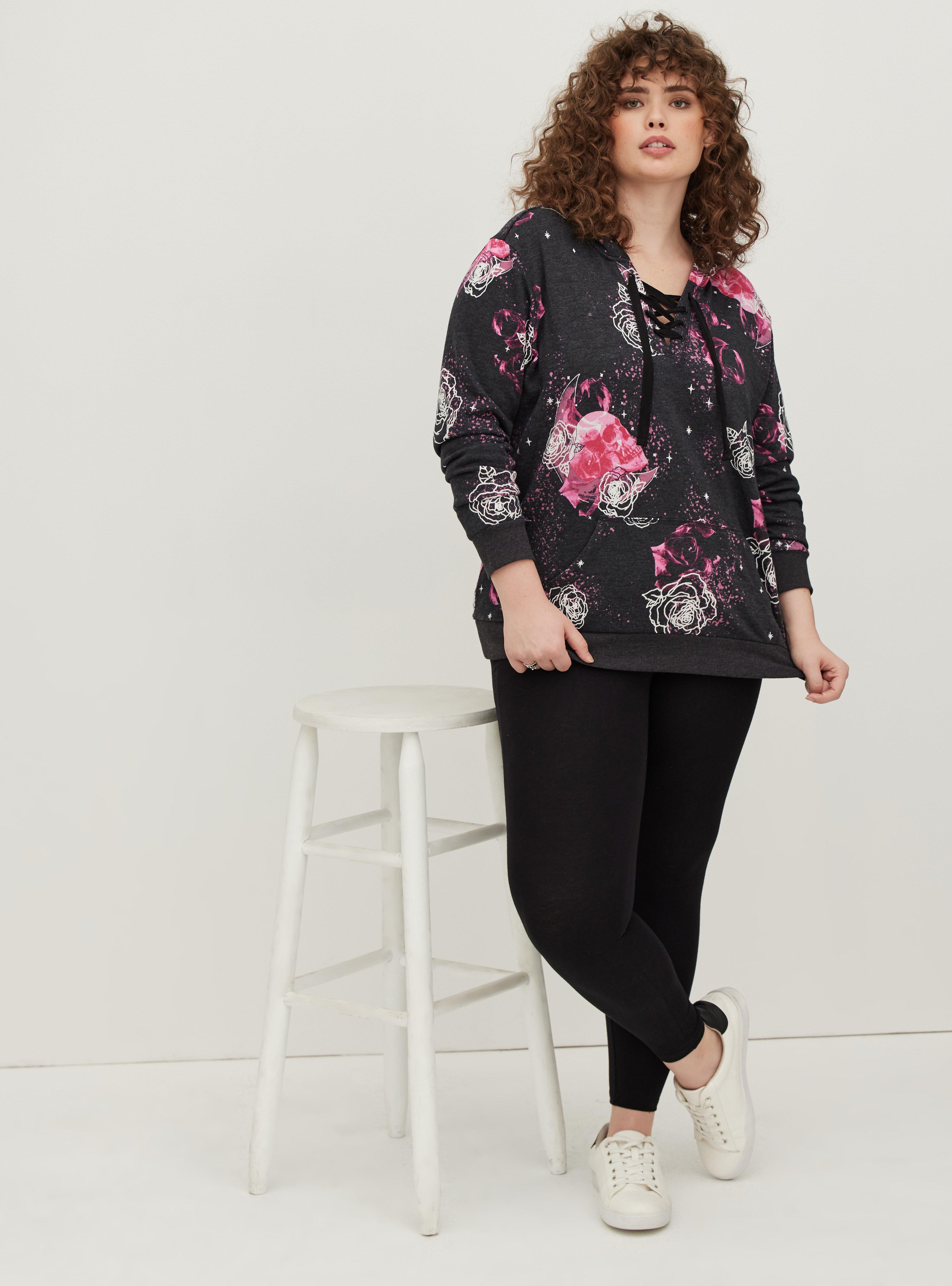 LoveSick Lace-Up Hoodie - Cozy Fleece Floral Black, DEEP BLACK, alternate