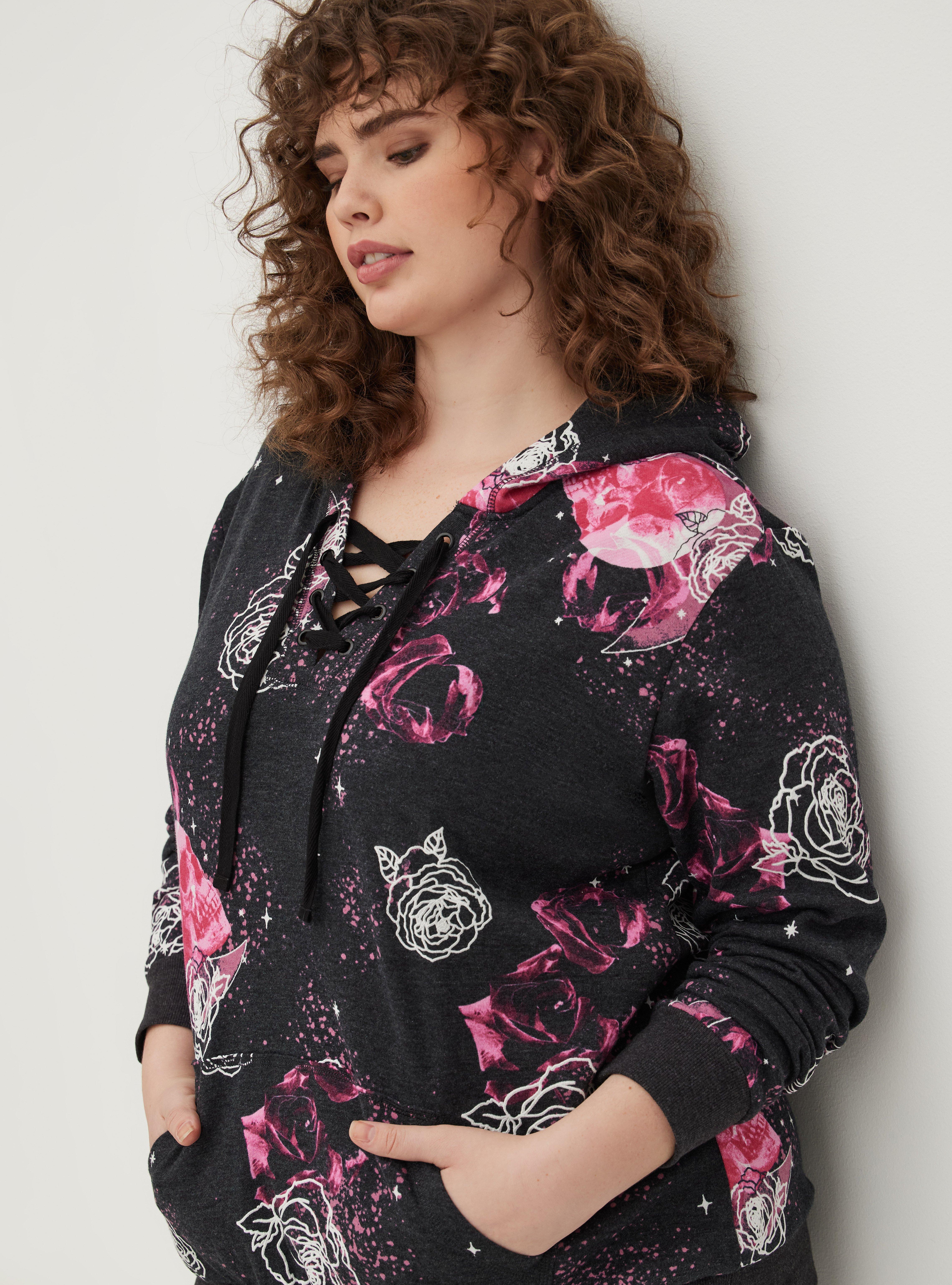 LoveSick Lace-Up Hoodie - Cozy Fleece Floral Black, DEEP BLACK, alternate
