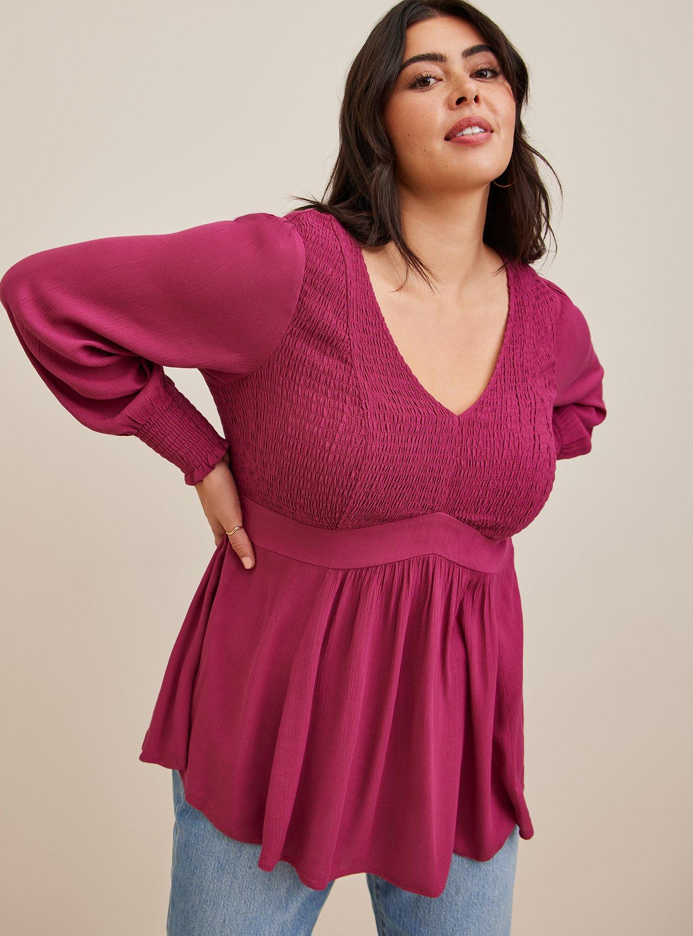 Plus Size - Stretch Mesh V-Neck Smocked Waist Babydoll Top - Torrid