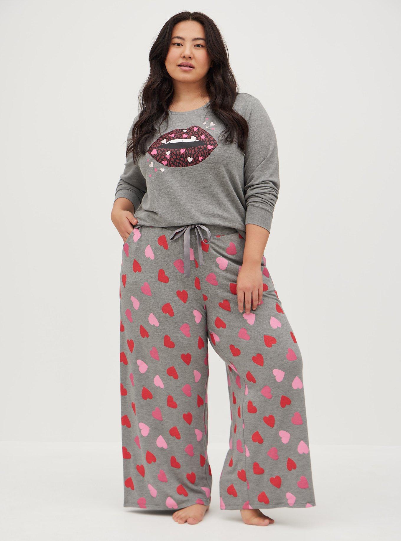 Plus Size Wide Leg Sleep Pant Dream Fleece Hearts Heather Grey