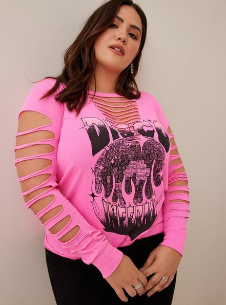 Graphic Classic Fit Cotton Slashed Neck Long Sleeve Tee, DISCO PINK, hi-res