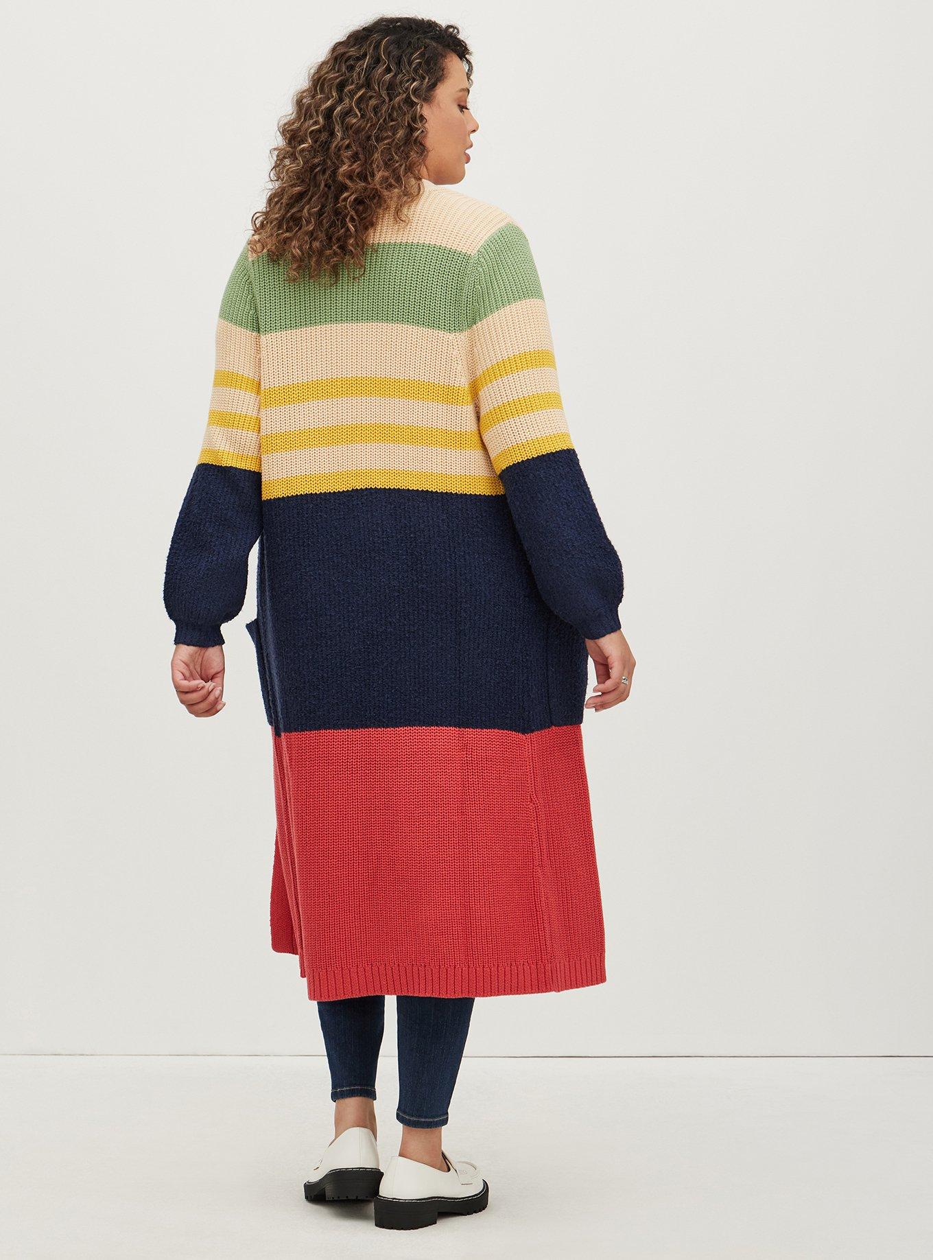 Large size loose geometric color block sweater cardigan