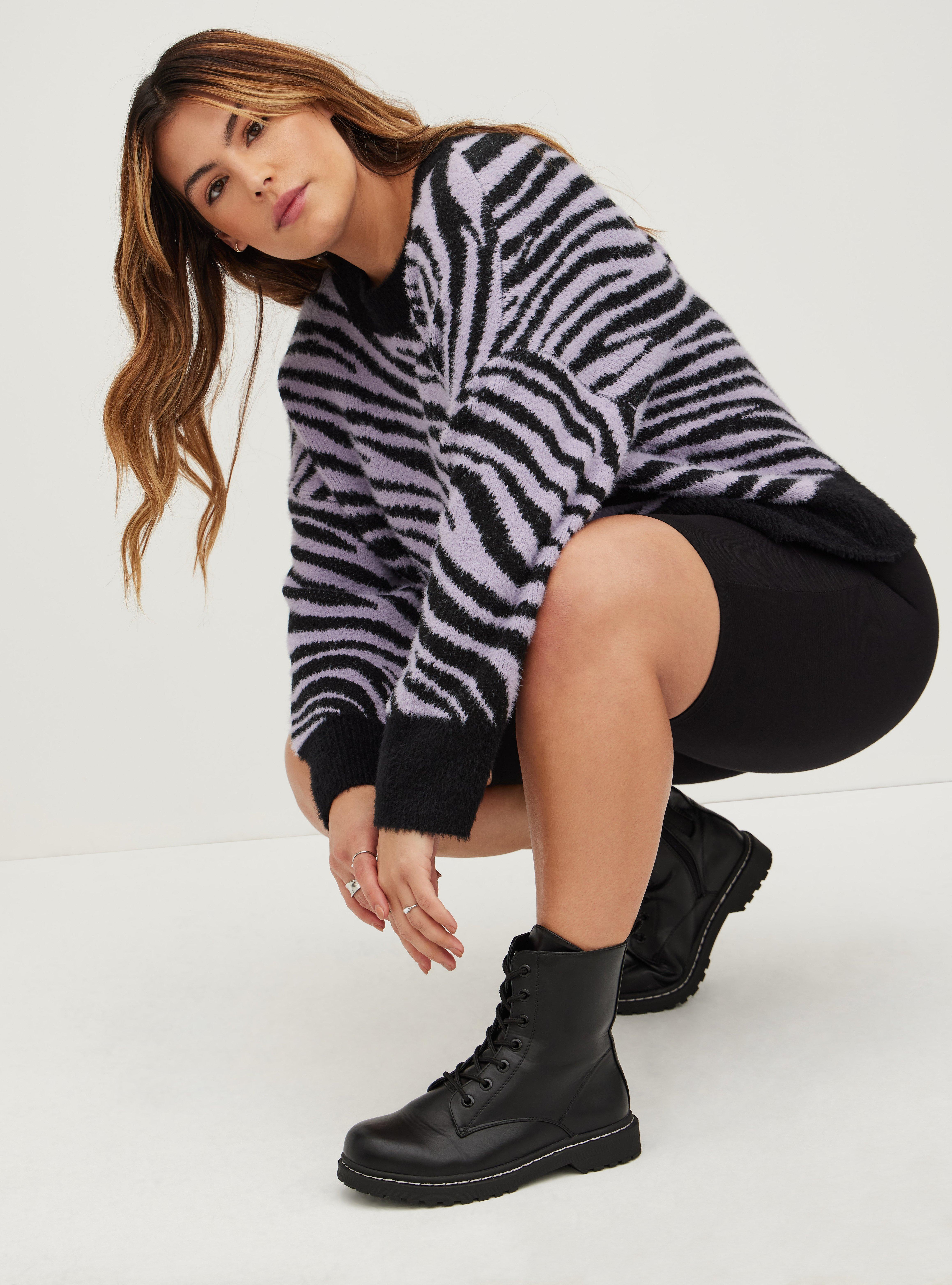 Plus Size Drop Shoulder Pullover Sweater - Eyelash Yarn Wave Zebra, MULTI, alternate